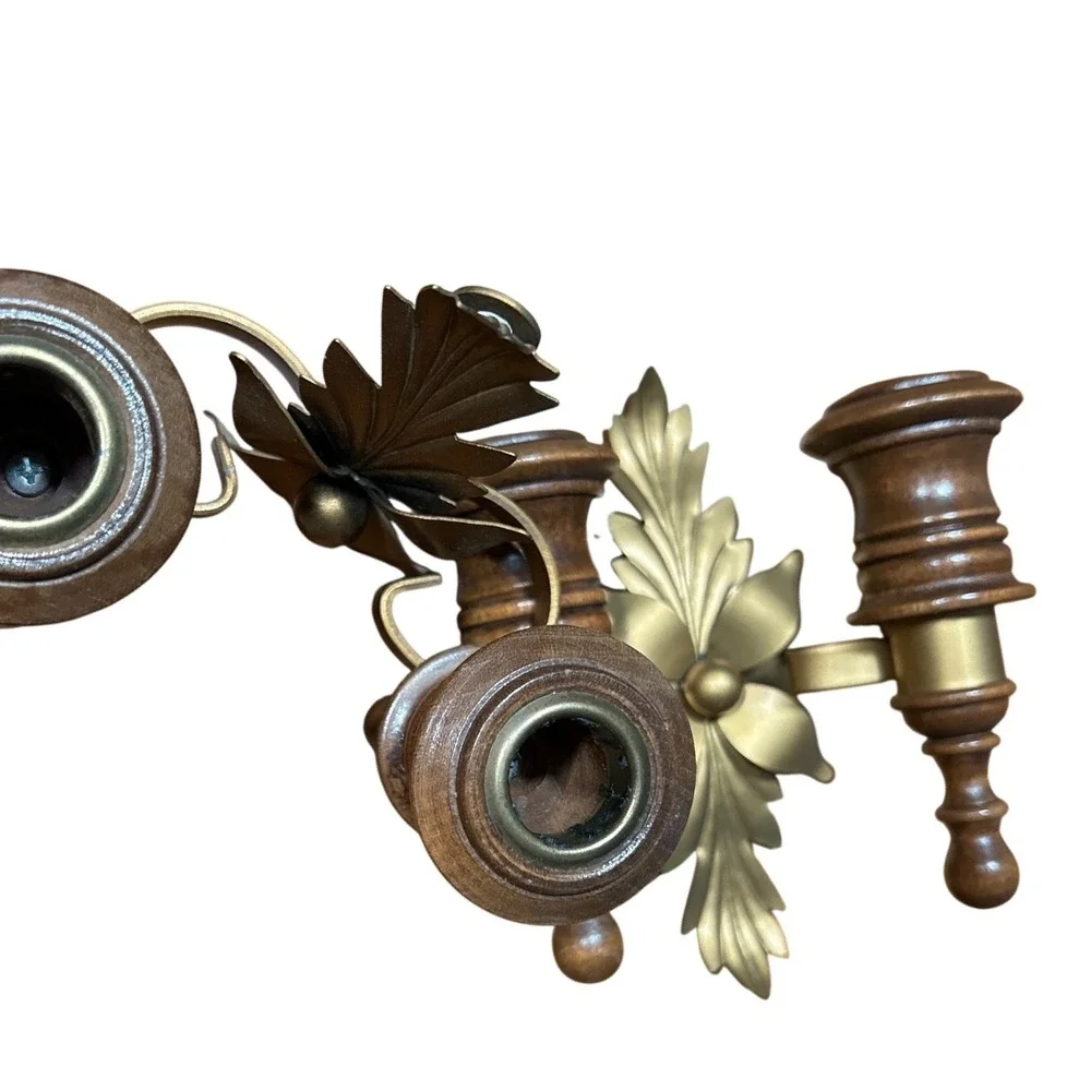 Vintage Pair Gold Metal Acanthus Leaf & Wood Double Wall Sconce Candle Holders